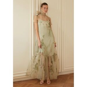 CAARA Melody Mint Blossom Green Floral Sheer Organza Tiered Maxi Dress Size S
